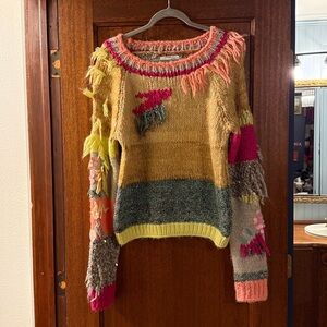 Anthropologie Fringed Colorblock Knit Sweater in Multicolor Wool Blend